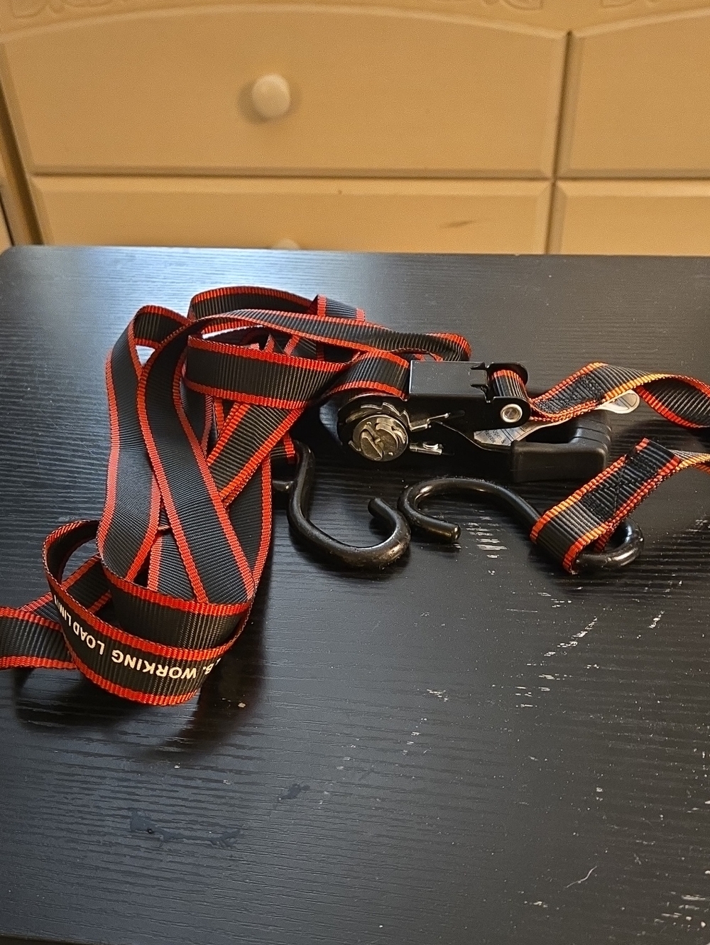 Heavy-Duty Ratchet Tie-Down Strap with Black and Red Webbing